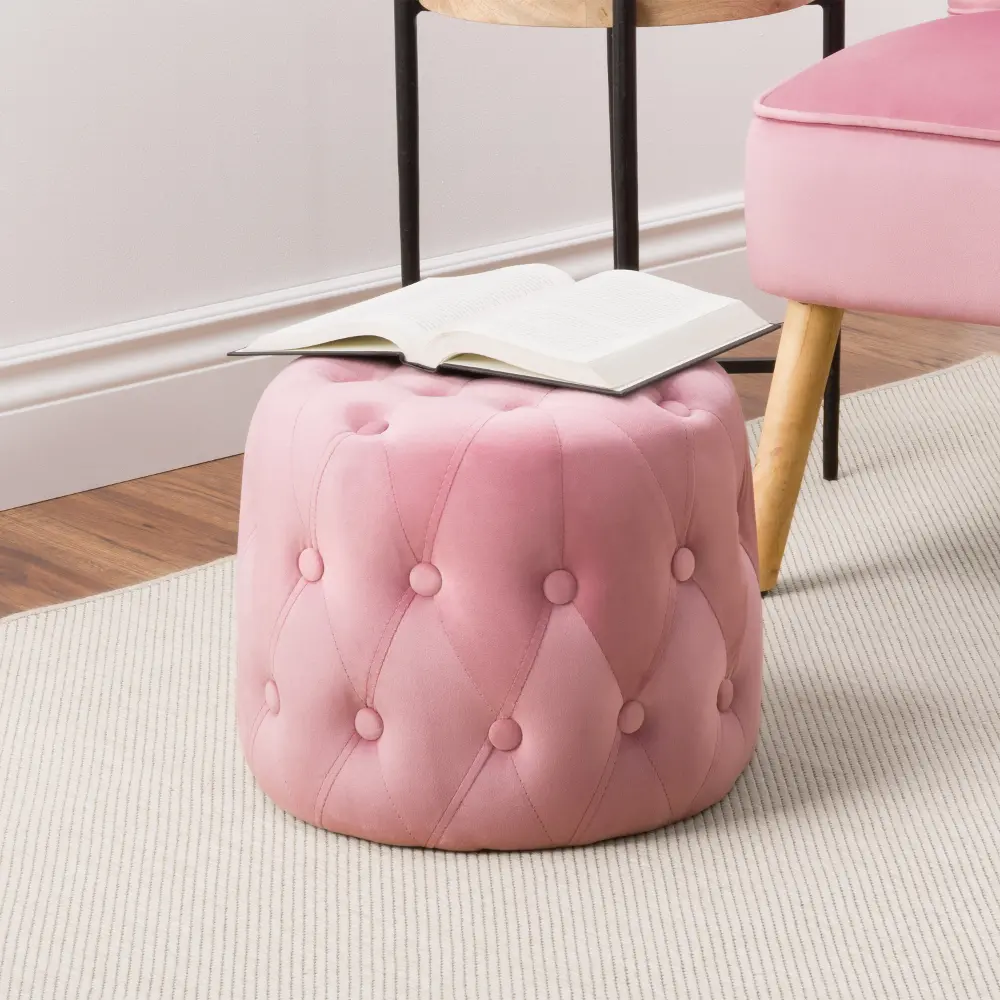 Lynwood Contemporary Pink Velvet Round Tufted Pouf Ottoman-1