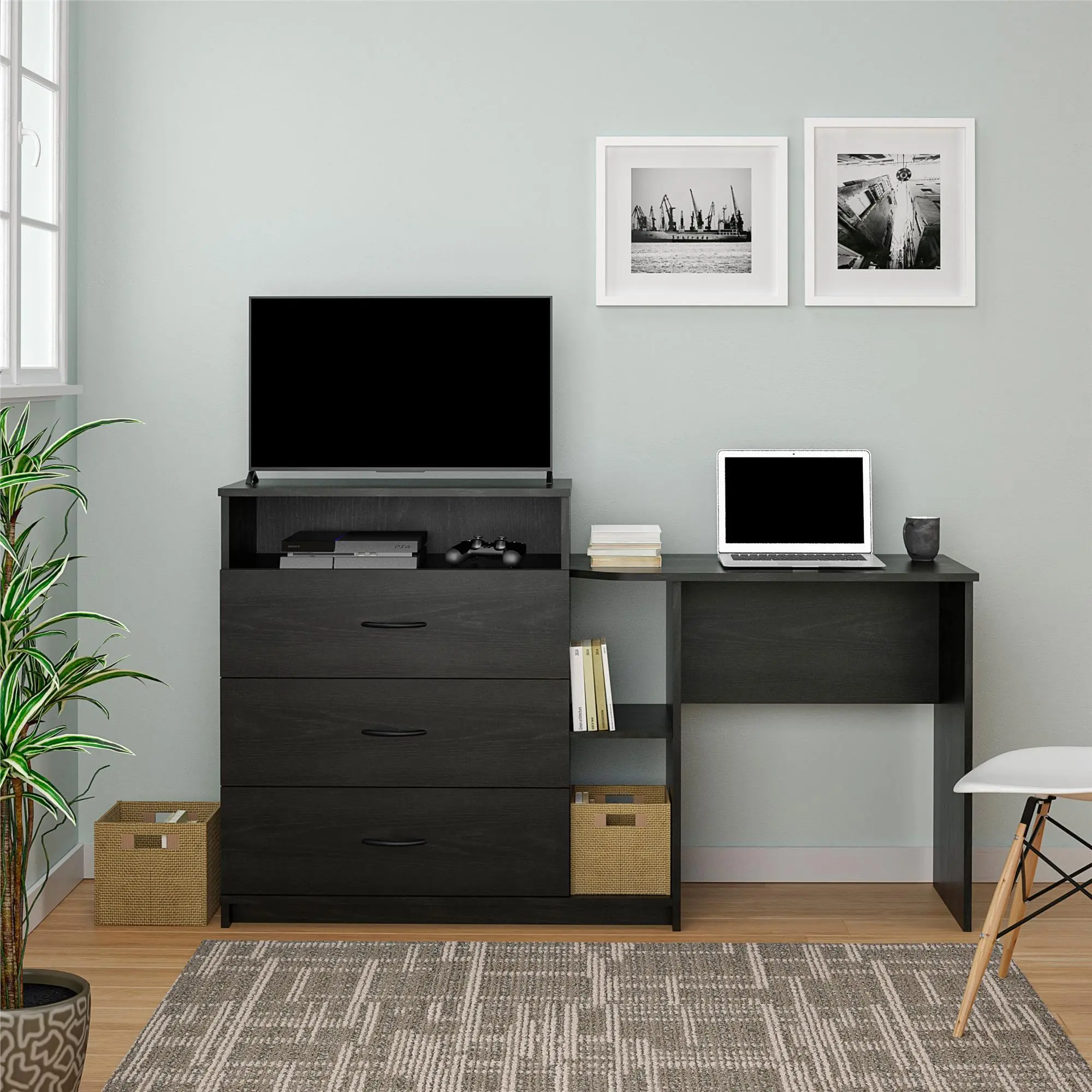 Rebel Transitional Black Oak 3 in 1 Media Dresser and Desk Combo