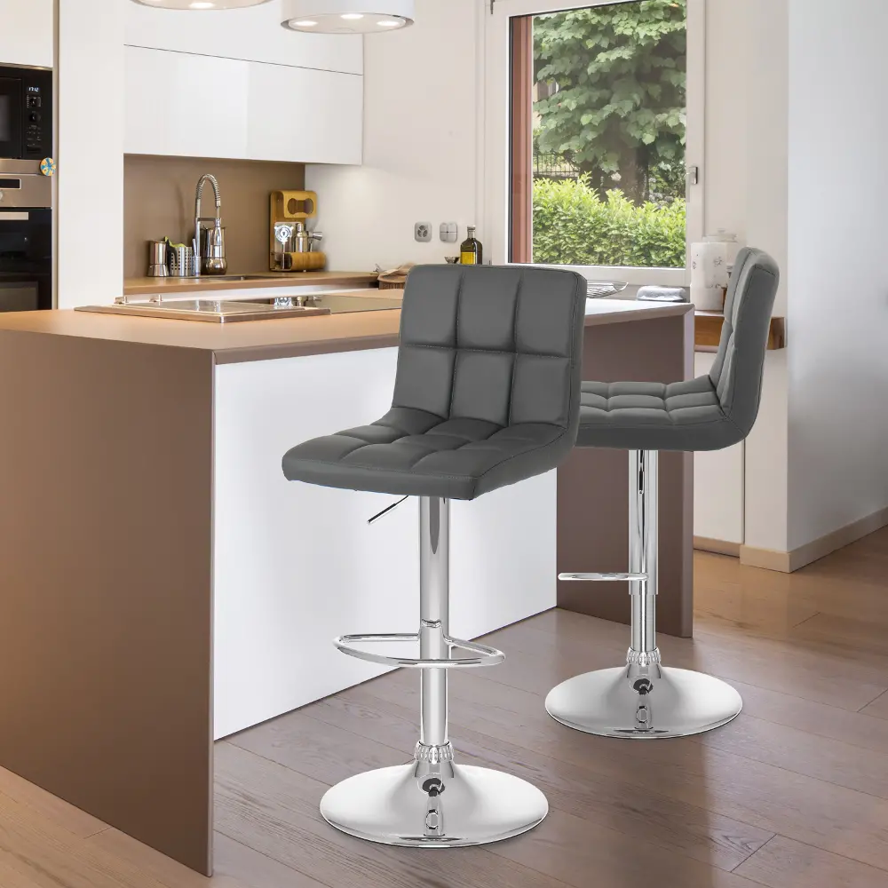 Modern Contemporary Set of Two Dark Grey Faux Leather Barstools-1