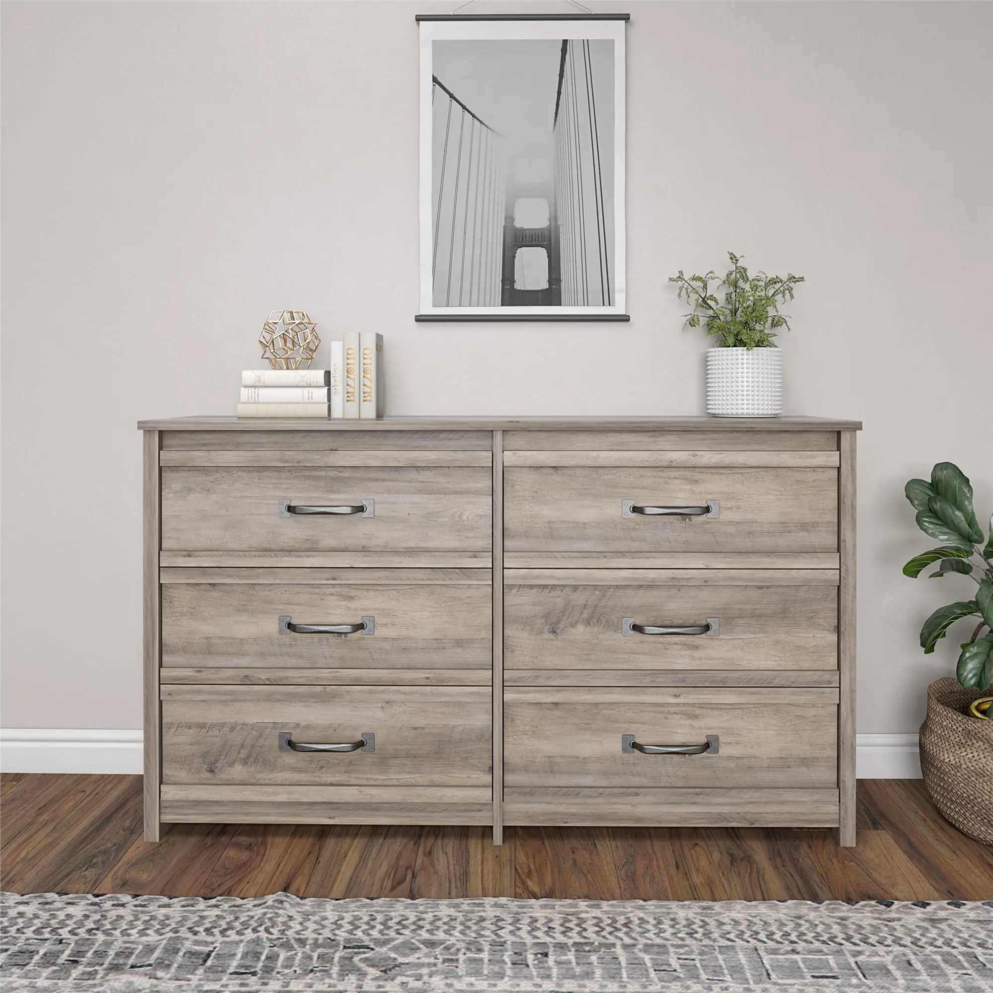 Bassinger Transitional Gray Oak 6-Drawer Dresser