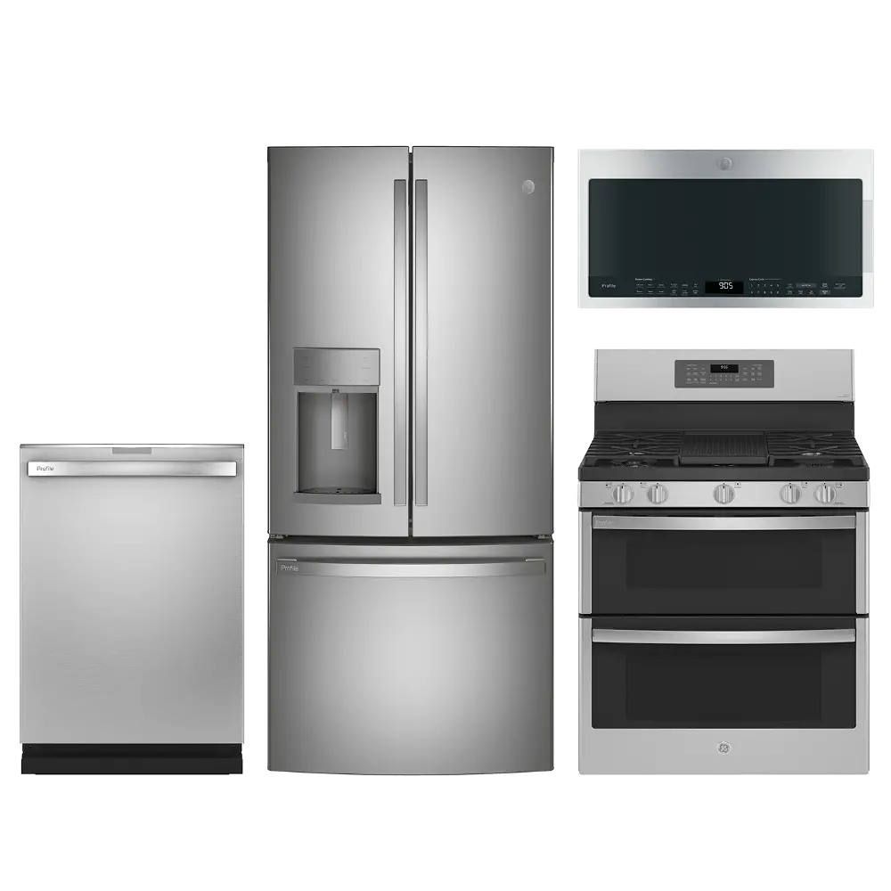 KIT GE Profile 4 Piece Gas Appliance Package with 22 cu ft Counter Depth Refrigerator - Stainless Steel, CTRFTH-1