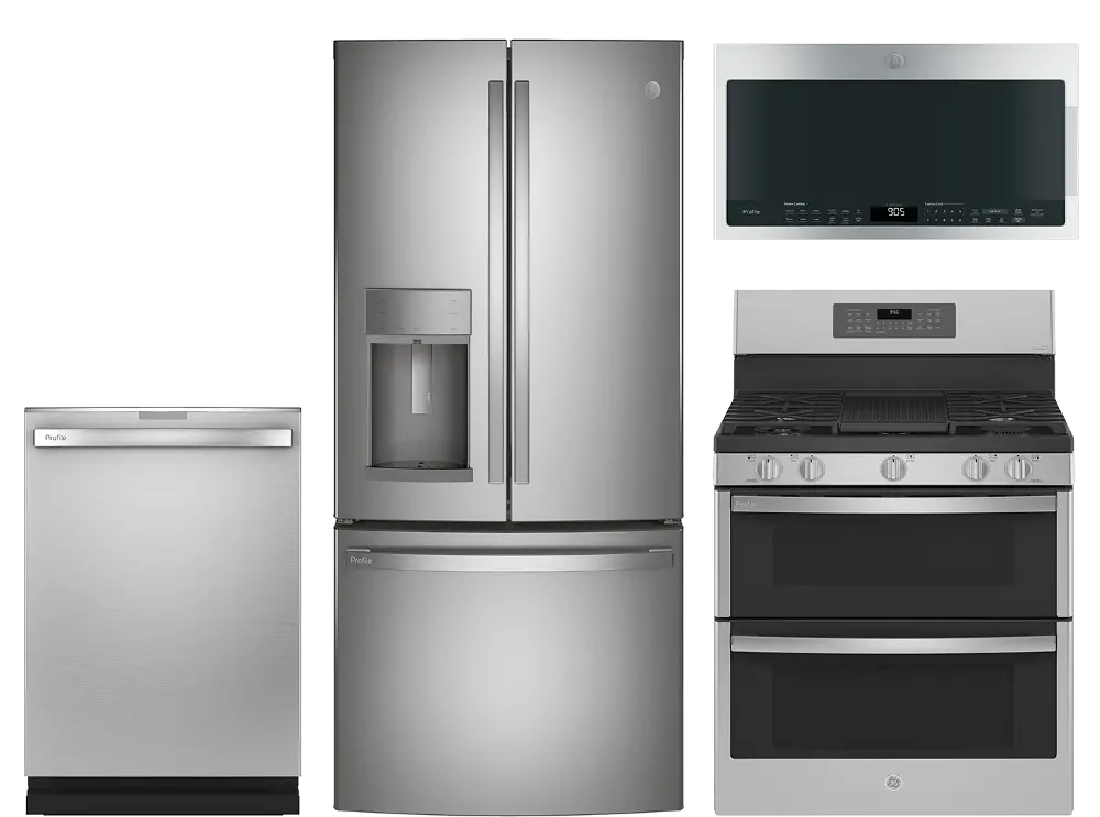 .PROF-4PC-STDDP/TBAR GE Profile 4 Piece Gas Appliance Package with 27.8 cu ft Refrigerator - Stainless Steel, STDFTH-1