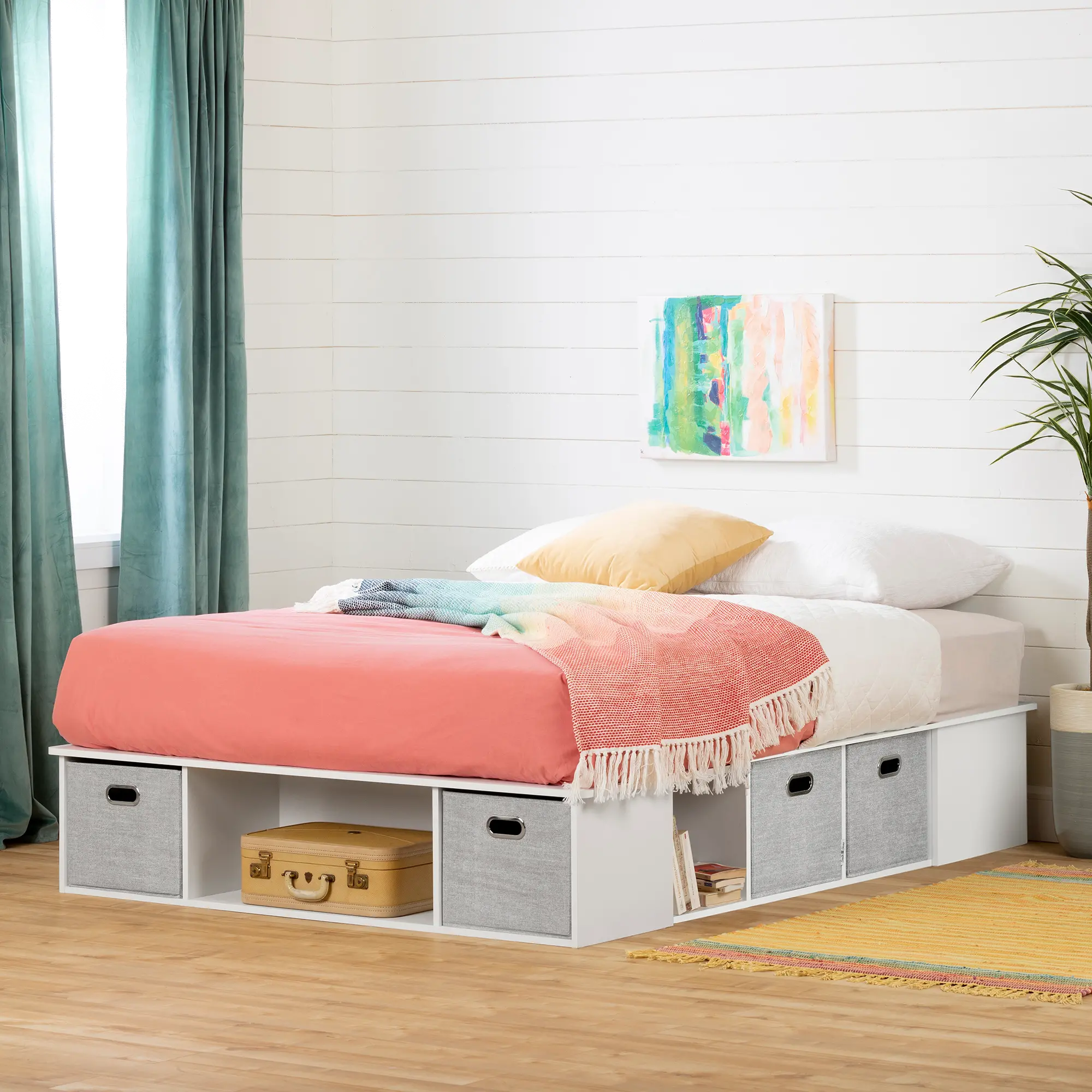 White Full Platform Bed with Storage and Baskets - South Shore