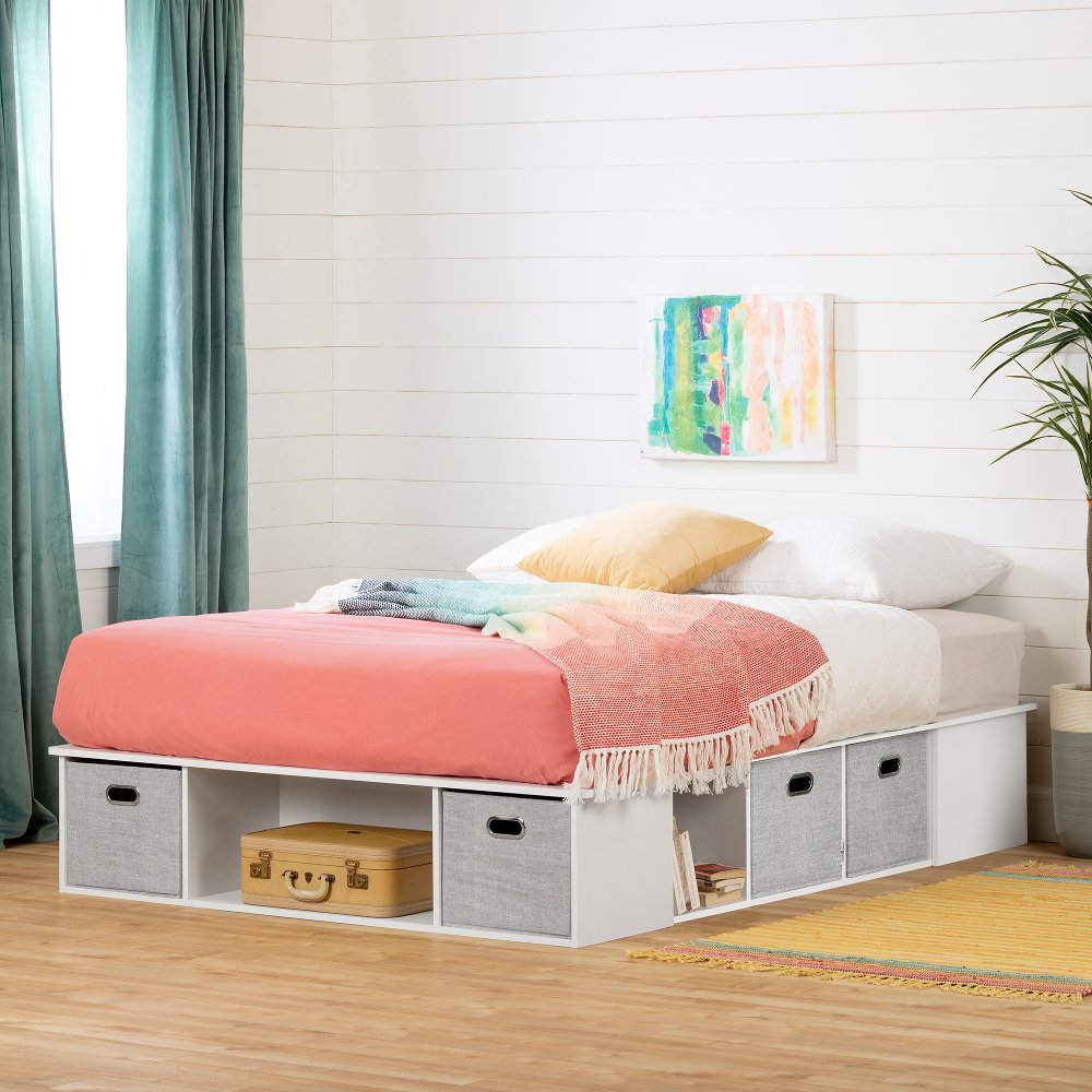 White Full Platform Bed with Storage and Baskets - South Shore