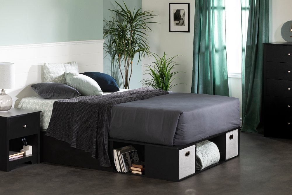 Vito Black Queen Platform Bed with Storage and Baskets - South Shore