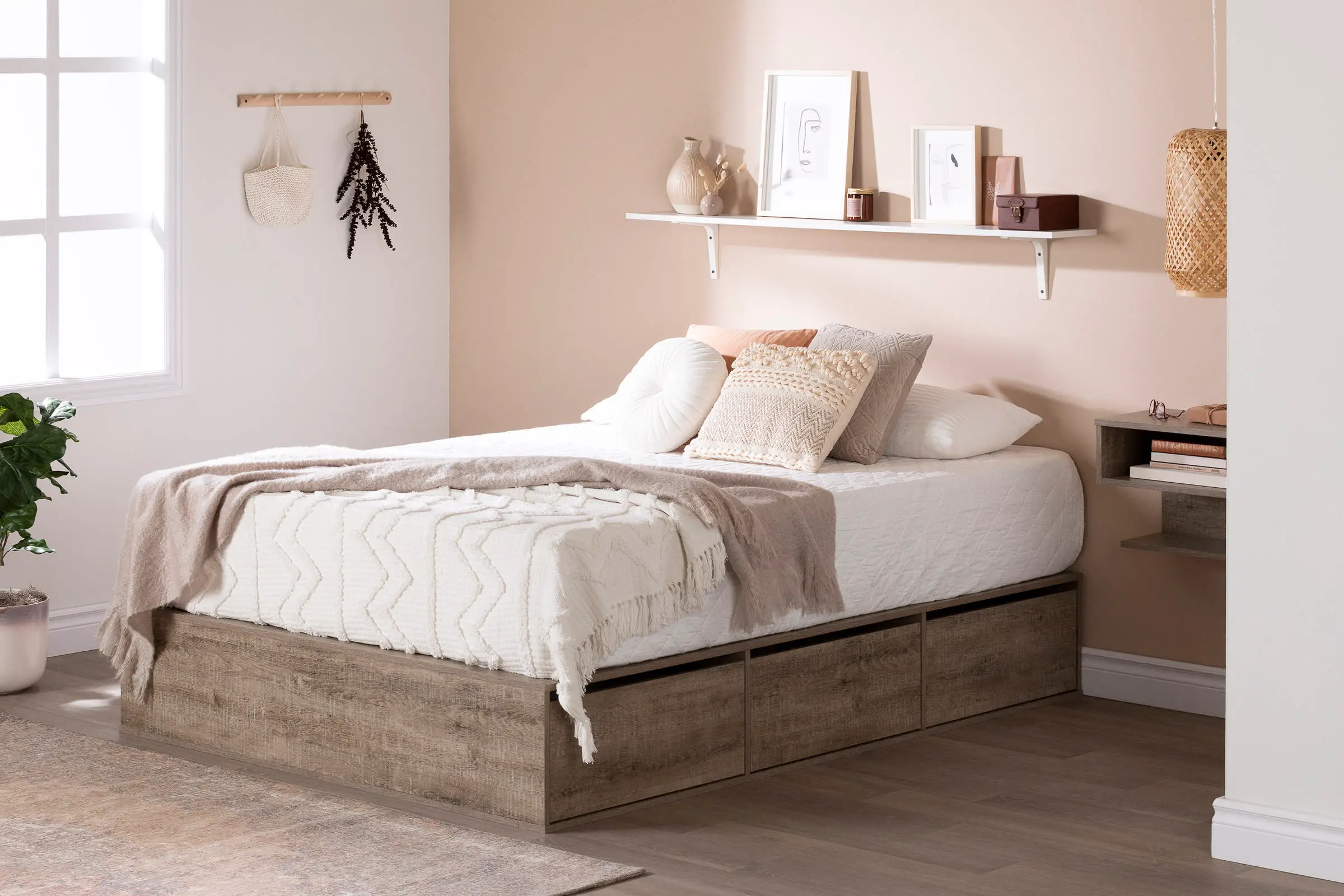 Fusion Weathered Oak Queen Platform Bed with Six Drawers for...