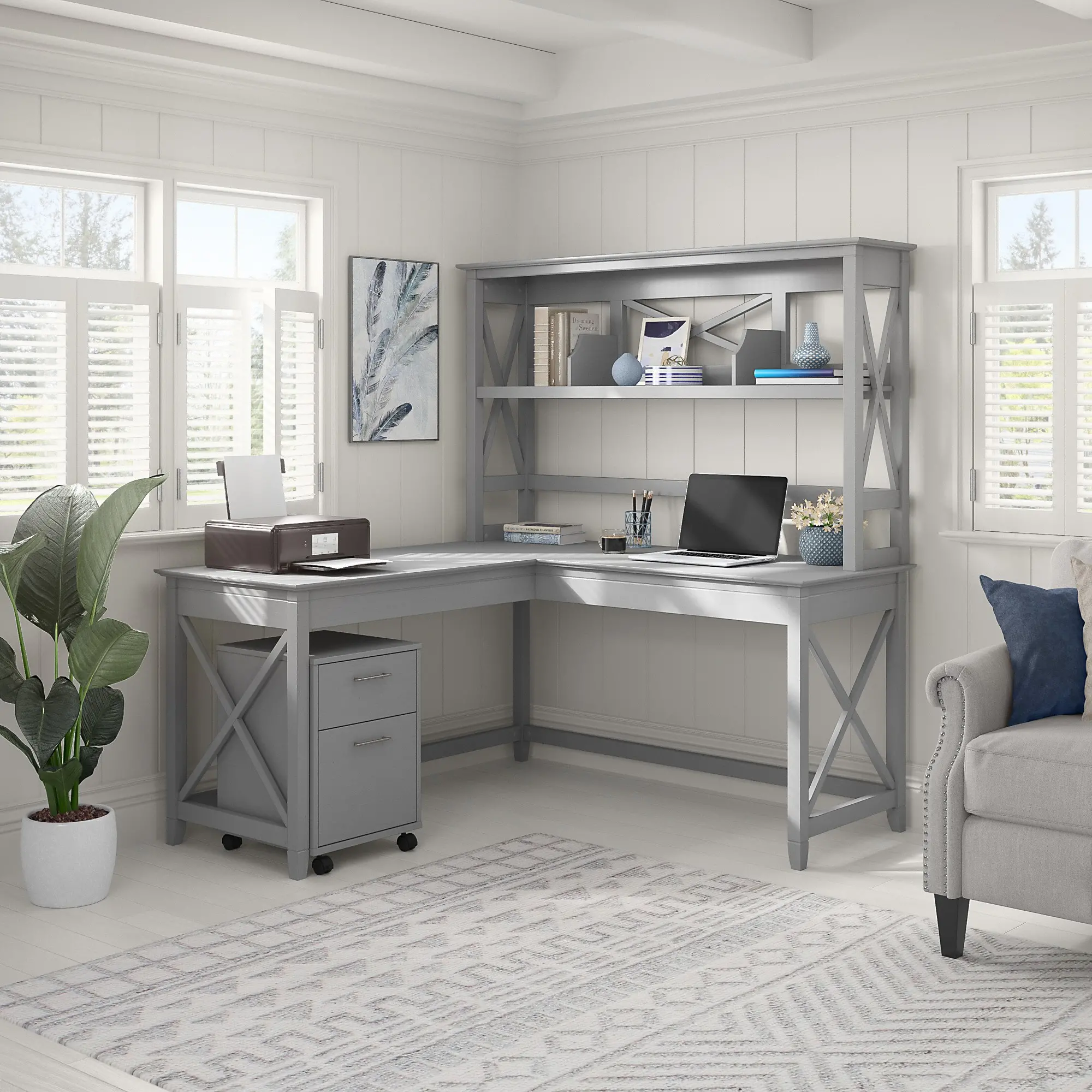 Key West Cape Cod Gray 60 Inch L Shaped Desk with Hutch and Mobile...