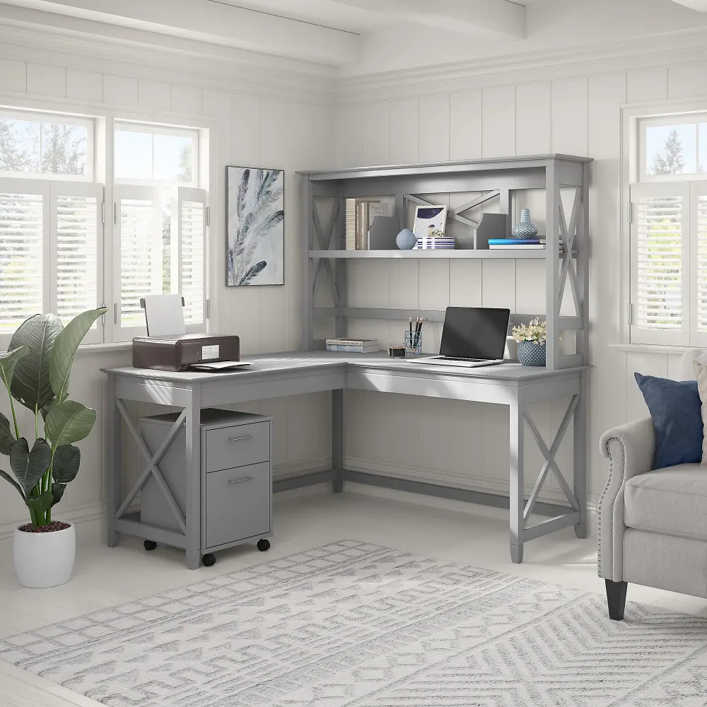 KWS049CG Key West Cape Cod Gray 60 Inch L Shaped Desk with Hutch and Mobile File Cabinet - Bush Furniture-1