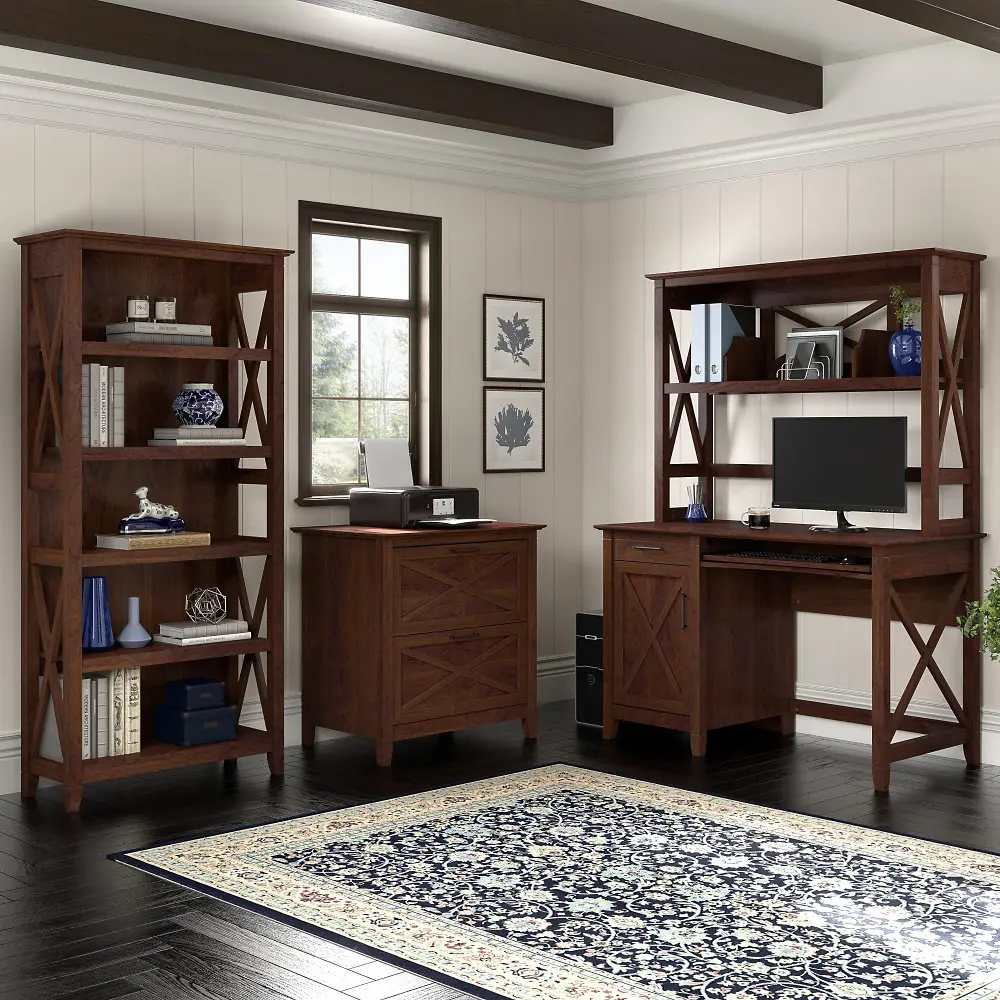 KWS051BC Key West Bing Cherry 48 Inch Desk, Hutch, Bookcase and Lateral Filing Cabinet-1