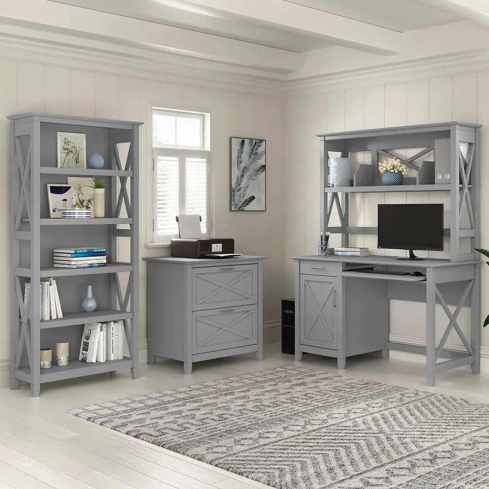KWS051CG Key West Cape Cod Gray 48 Inch Desk, Hutch, Bookcase and Lateral Filing Cabinet-1