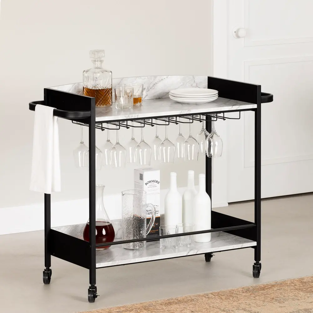 13447 City Life Black and Faux Carrara Marble Bar Cart - South Shore-1