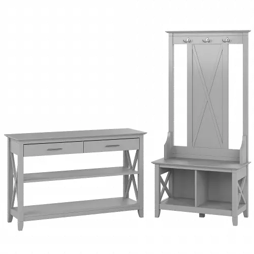 Bush Furniture Key West Entryway Storage Set with Hall Tree, Shoe Bench and 2 Door Cabinet Washed Gray