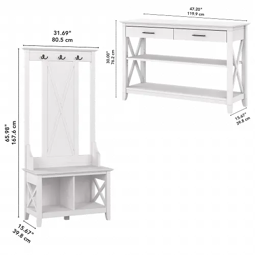 Bush Furniture Key West Entryway Storage Set with Hall Tree, Shoe Bench and Console Table Pure White Oak