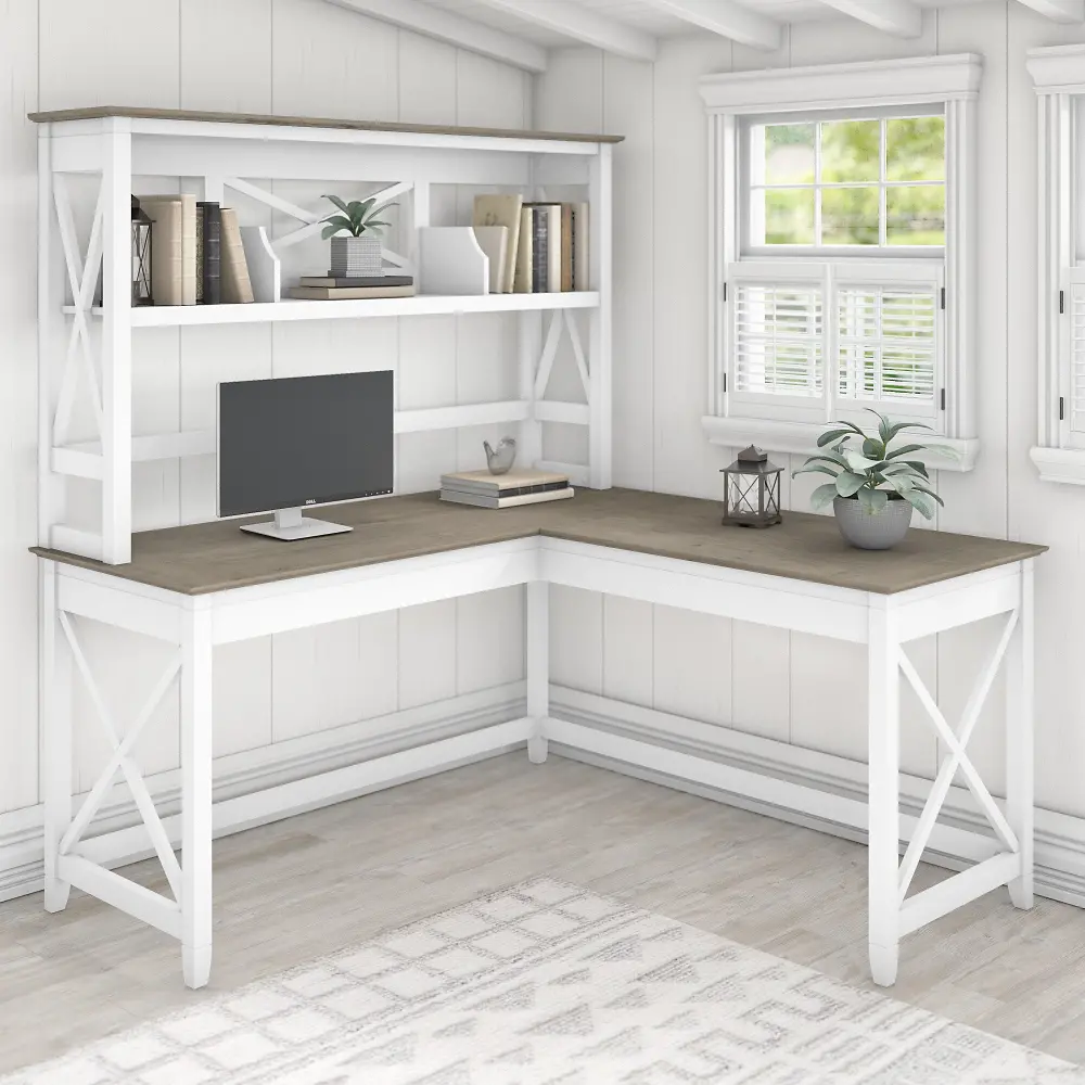 KWS048G2W Key West White and Shiplap Gray 60 Inch L shaped Desk and Hutch-1