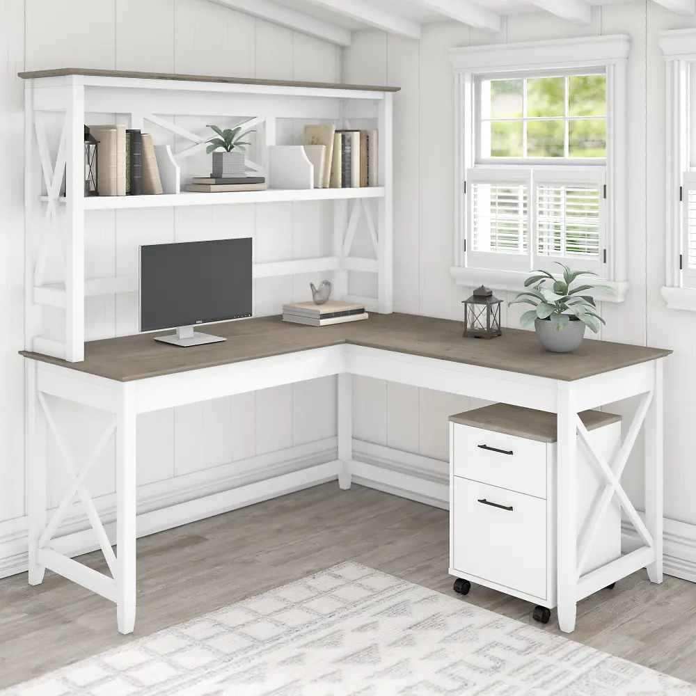 KWS049G2W Key West White and Gray Shiplap 60 Inch Desk with Hutch and File Cabinet - Bush Furniture-1