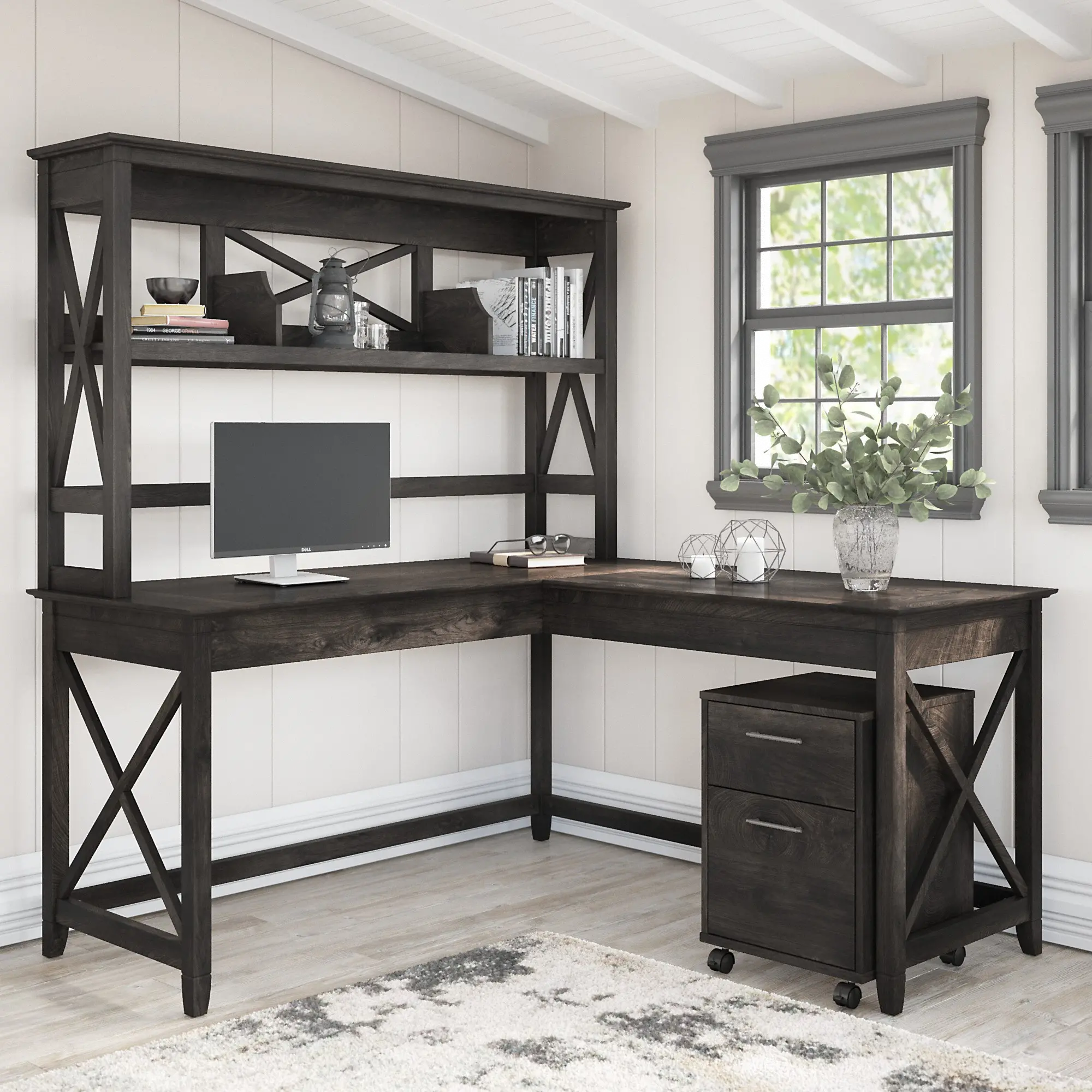 Key West Dark Gray Hickory 60 Inch Desk with Hutch and File...