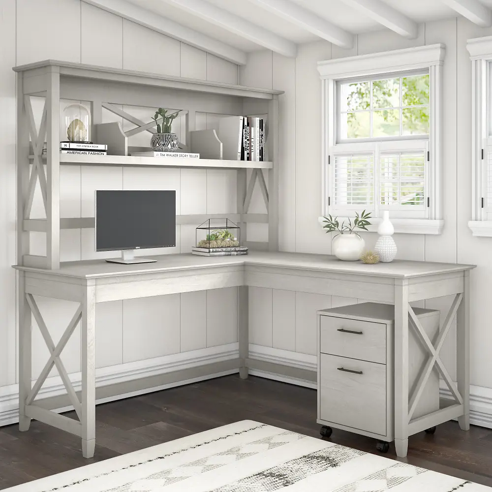 KWS049LW Key West Linen White Oak 60 Inch Desk with Hutch and File Cabinet - Bush Furniture-1