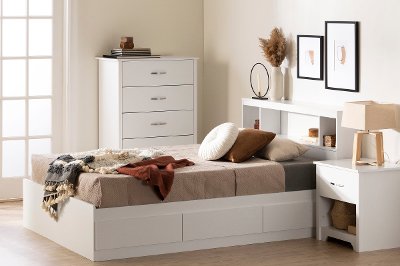 Fusion White Full Storage Platform Bed, Full Headboard On Queen Frame With Storage