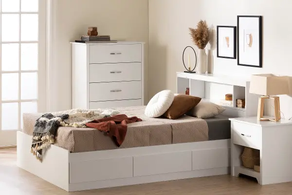 Fusion Full Queen Pure White Bookcase, Queen Size Bookcase Headboard With Lights