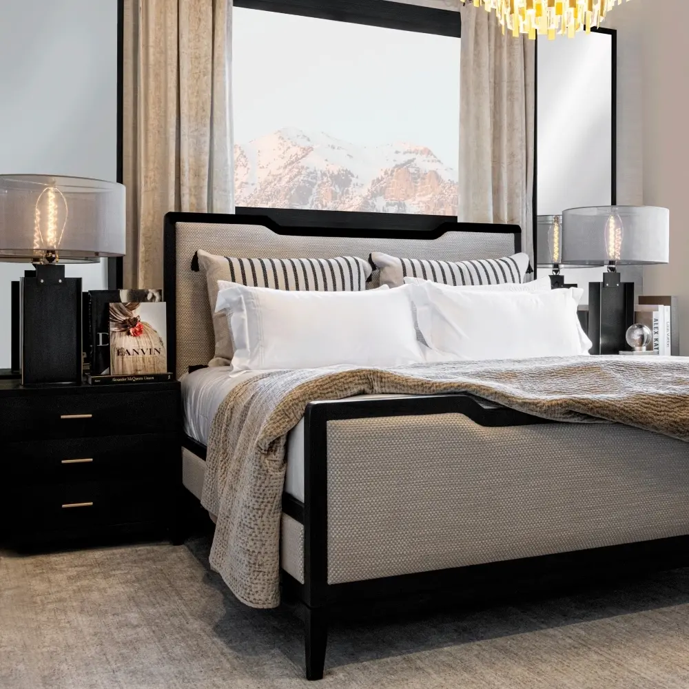 Modern Eclectic Linen and Black Queen Upholstered Bed-1