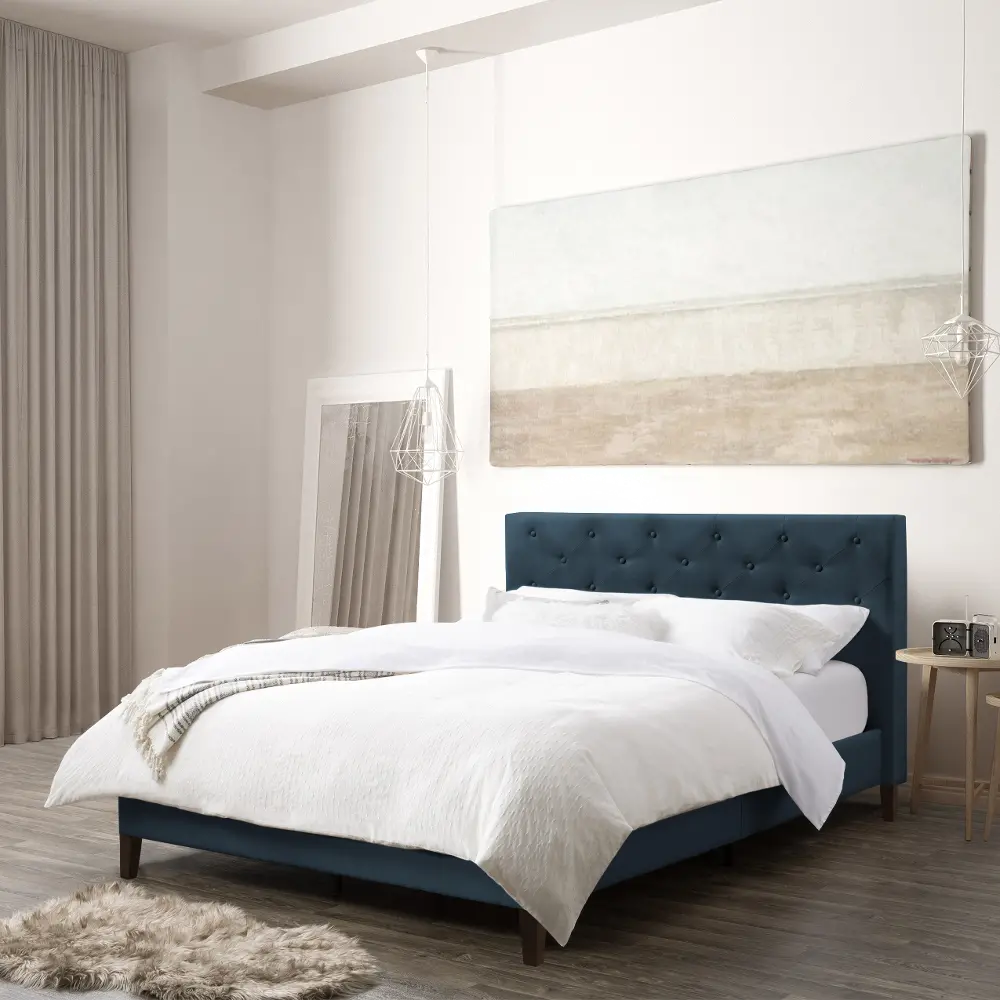 Nova Ridge Contemporary Queen Ocean Blue Tufted Upholstered Bed-1