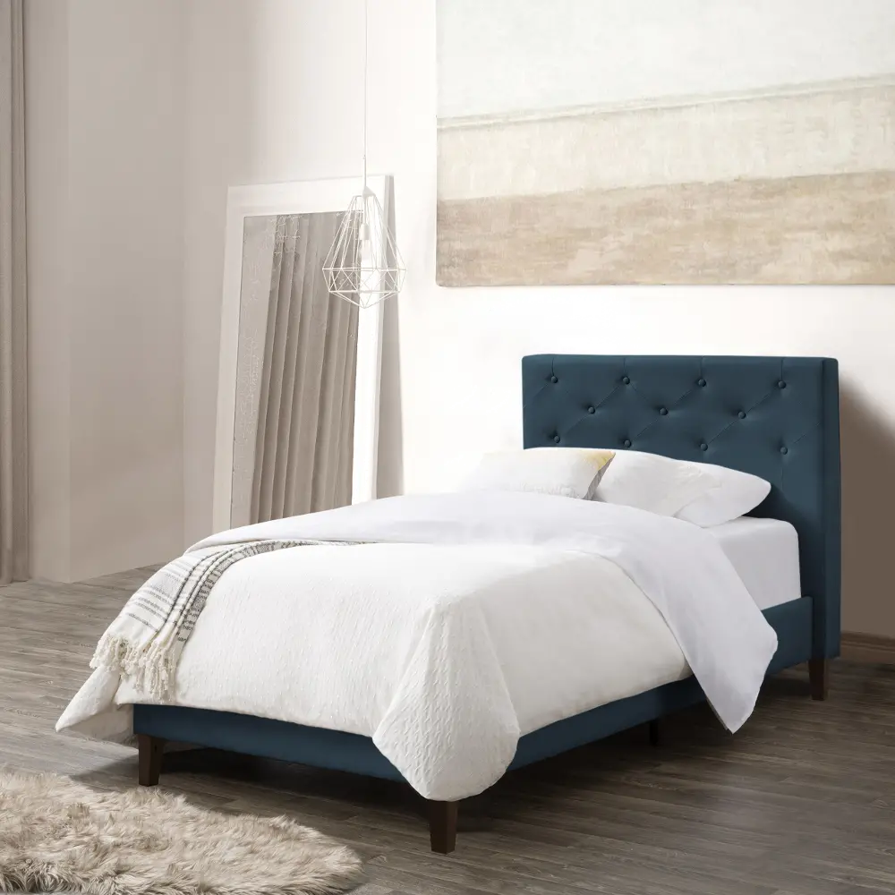 Nova Ridge Contemporary Twin Ocean Blue Tufted Upholstered Bed-1