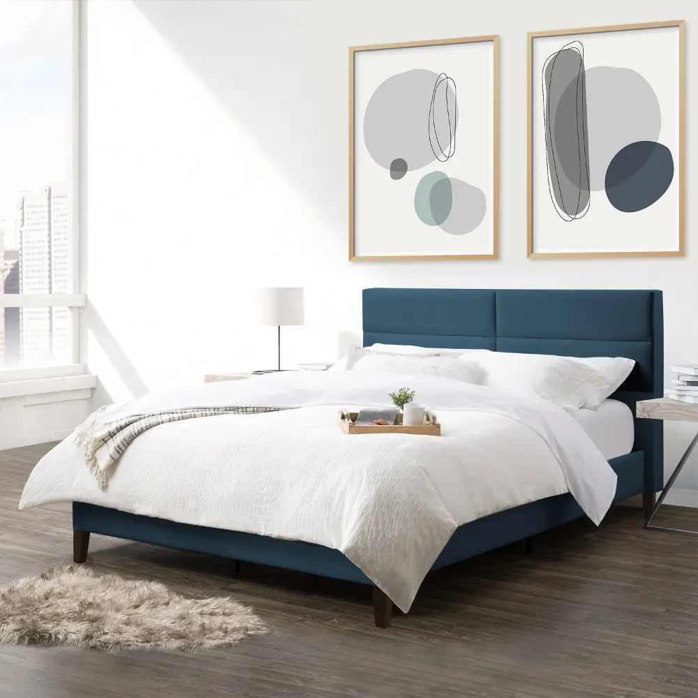 Bellevue Contemporary Queen Ocean Blue Upholstered Panel Bed-1