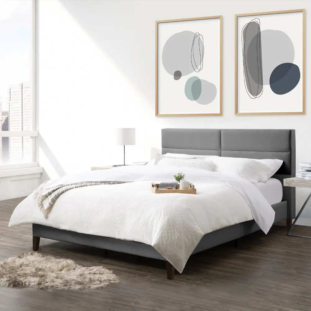 Bellevue Contemporary Queen Light Grey Upholstered Panel Bed-1