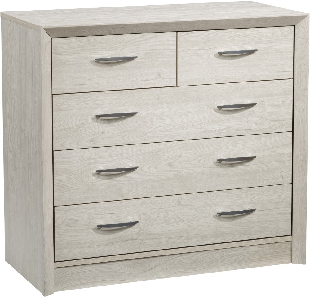 Newport Contemporary White Washed Oak Five Drawer Dresser