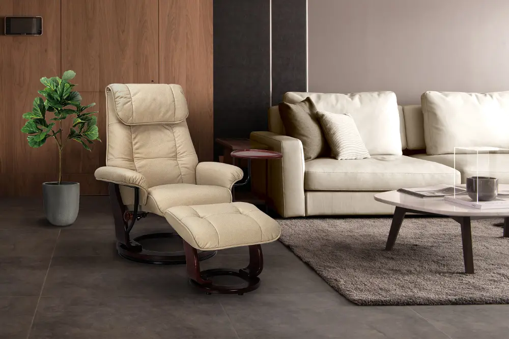 Ventura Scandinavian Taupe Leather Recliner with Ottoman-1