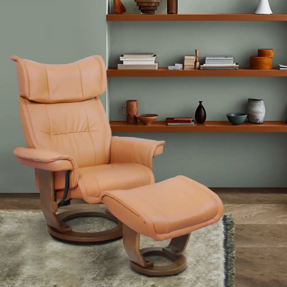 Carlton Scandinavian Light Brown Leather Recliner with Ottoman-1