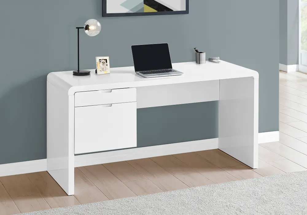 Modern 60 Inch Glossy White Computer Desk-1
