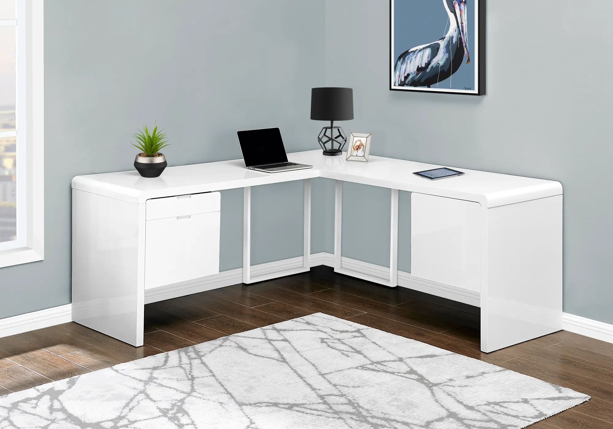 Photos - Office Desk Monarch Specialties Modern 72 Inch Glossy White Computer L-Desk I 7582 