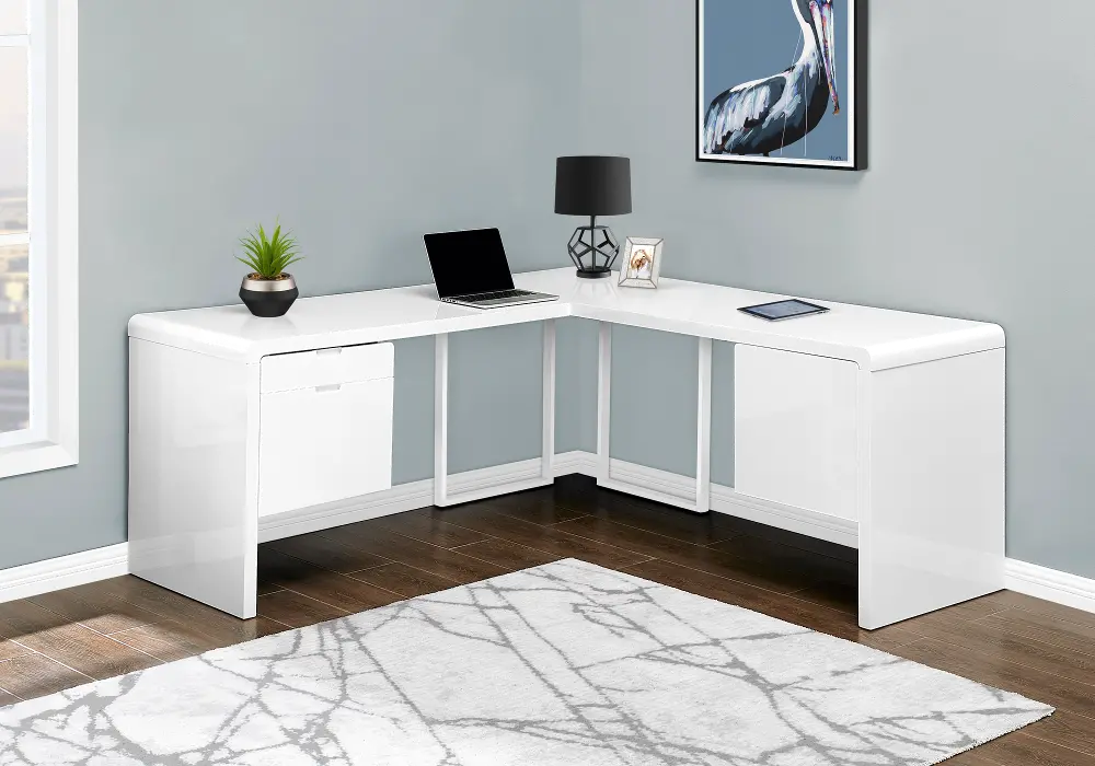 Modern 72 Inch Glossy White Computer L-Desk-1