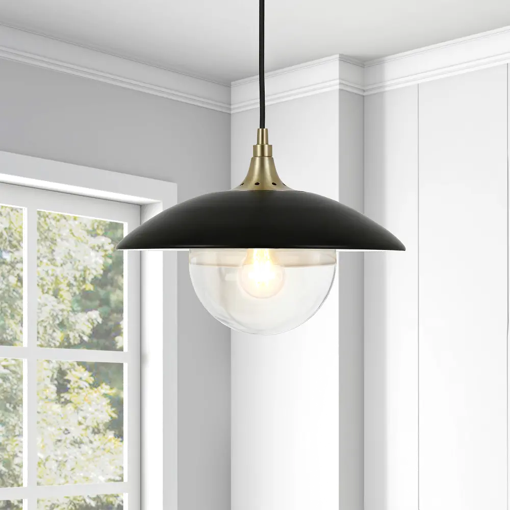 Alvia Modern Matte Black Metal and Clear Glass Pendant with Brass Accents-1