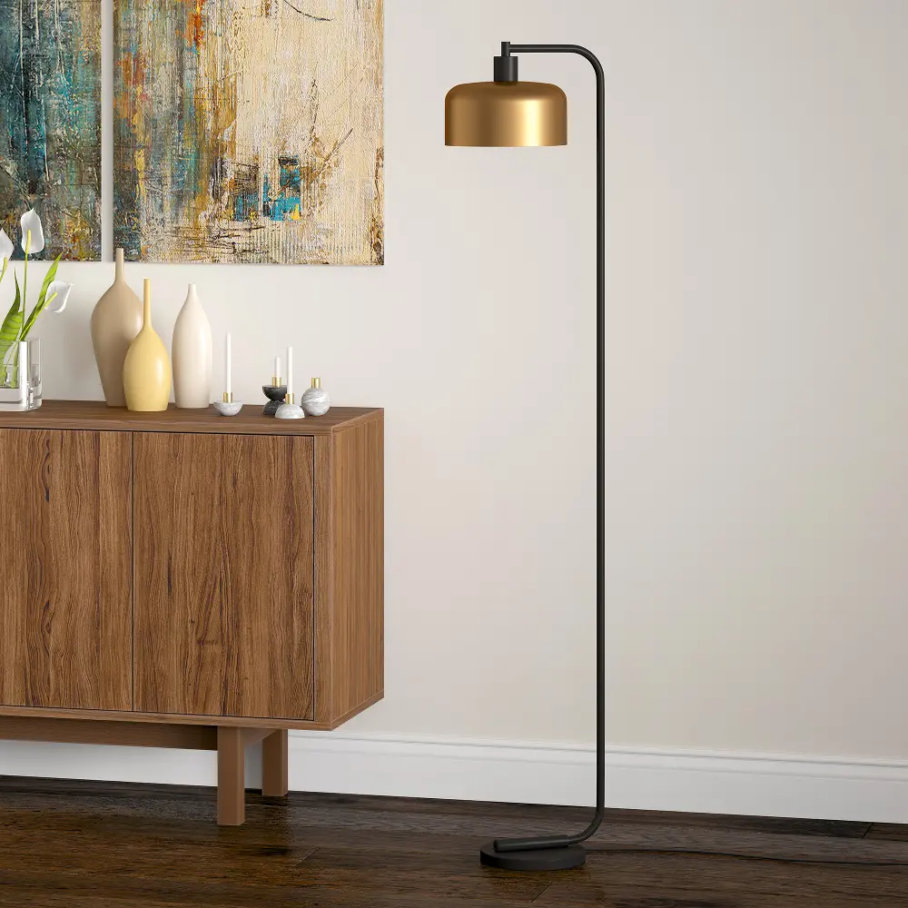 Cadmus Mid-Century Modern Blackened Bronze Floor Lamp with Brass Finish Shade-1