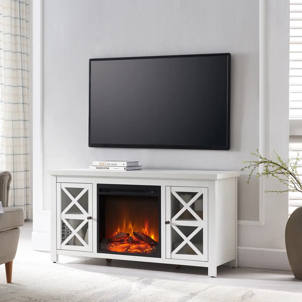 Colton Farmhouse White TV Stand with Log Fireplace Insert-1