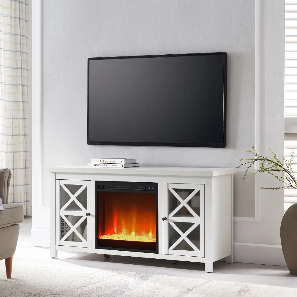 Colton Farmhouse White TV Stand with Crystal Fireplace Insert-1