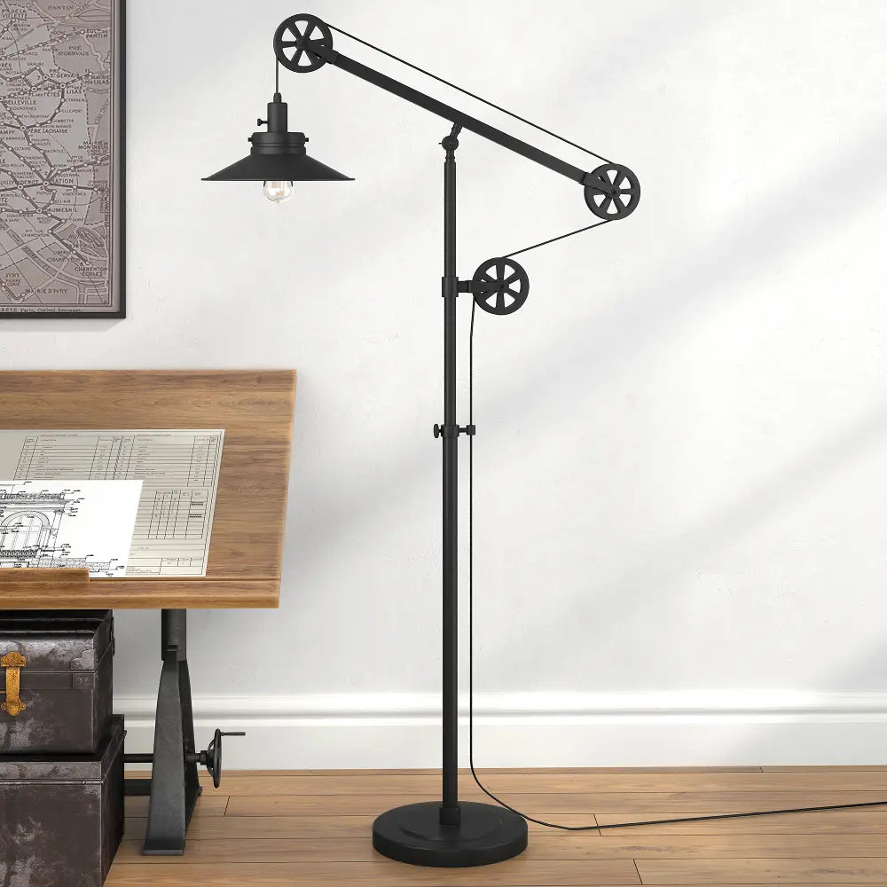 Descartes Industrial Wide Brim Blackened Bronze Floor Lamp with Pulley System-1