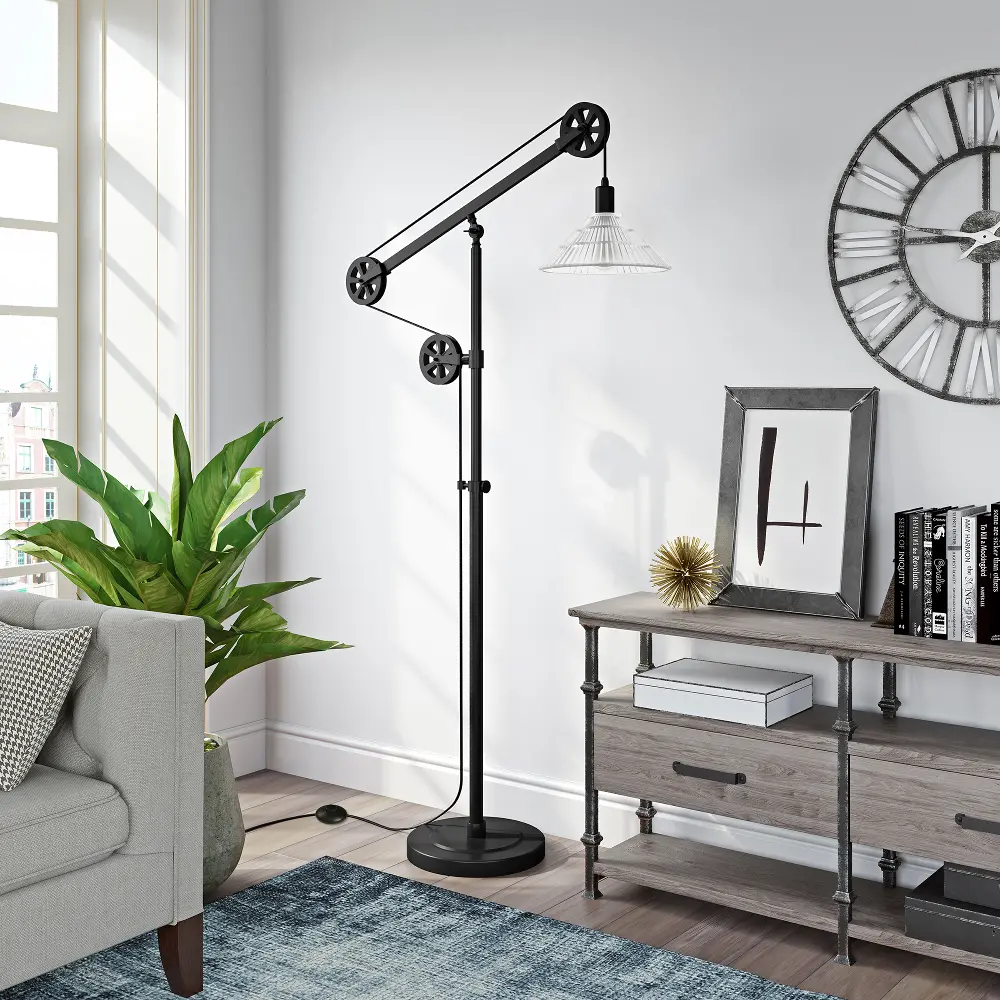 Descartes Industrial Blackened Bronze Floor Lamp with Ribbed Glass Shade-1