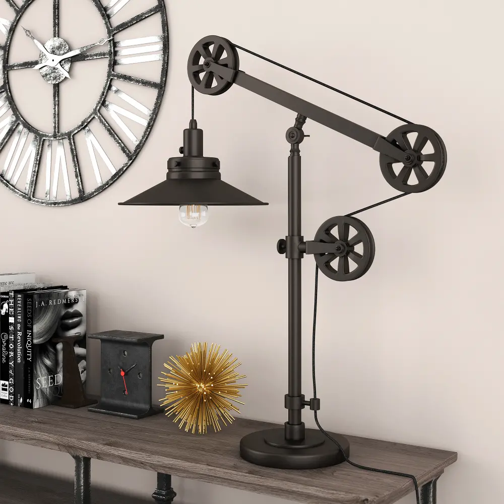 Descartes Industrial Blackened Bronze Table Lamp with Pulley System-1