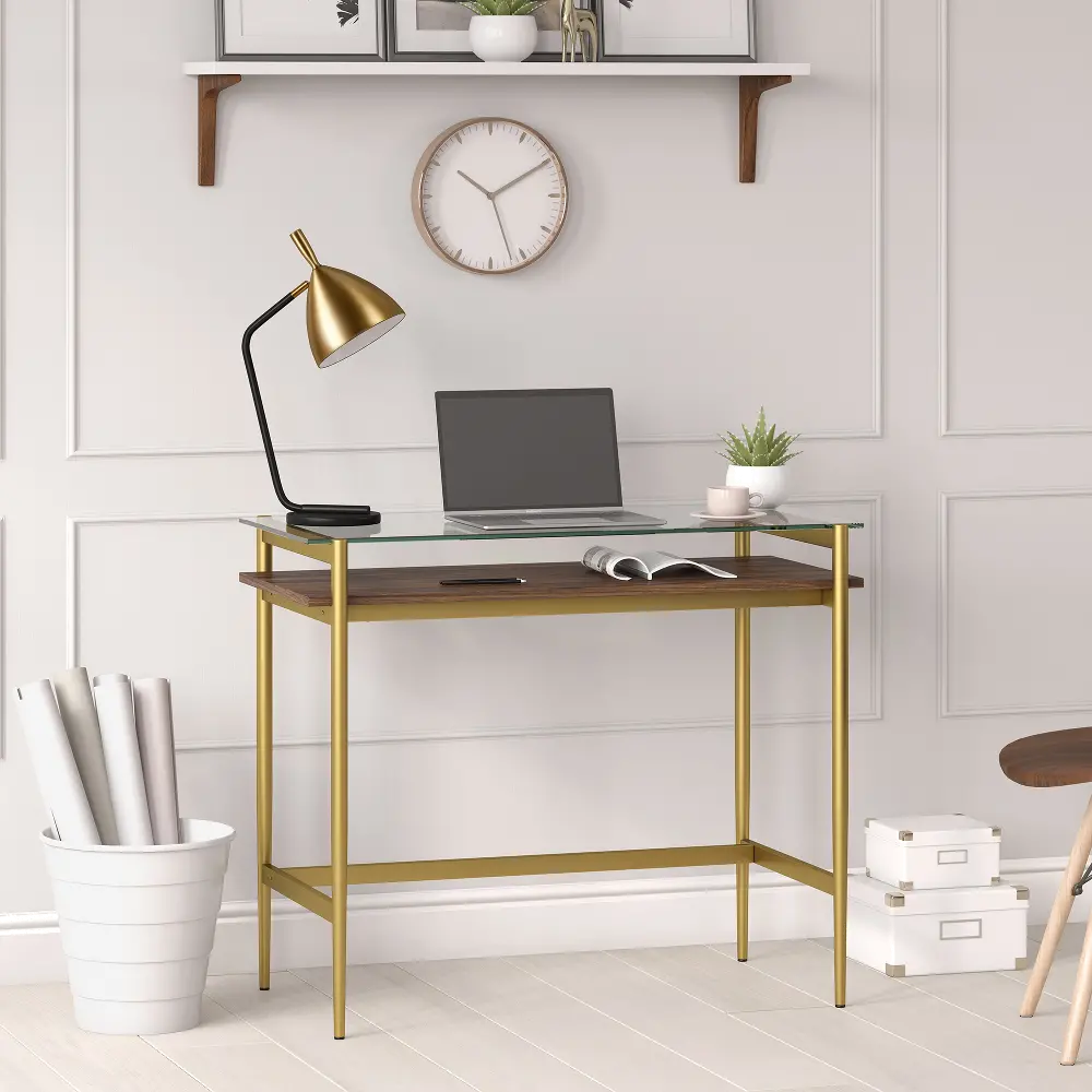Eaton Mid-Century Modern Brass 36 Inch Brass Finish Desk with Walnut Shelf-1