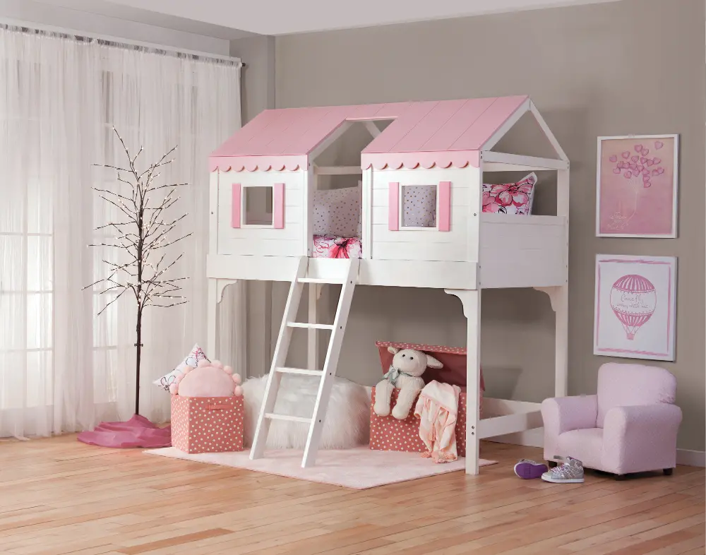 Doll House White and Pink Twin Loft Bed-1