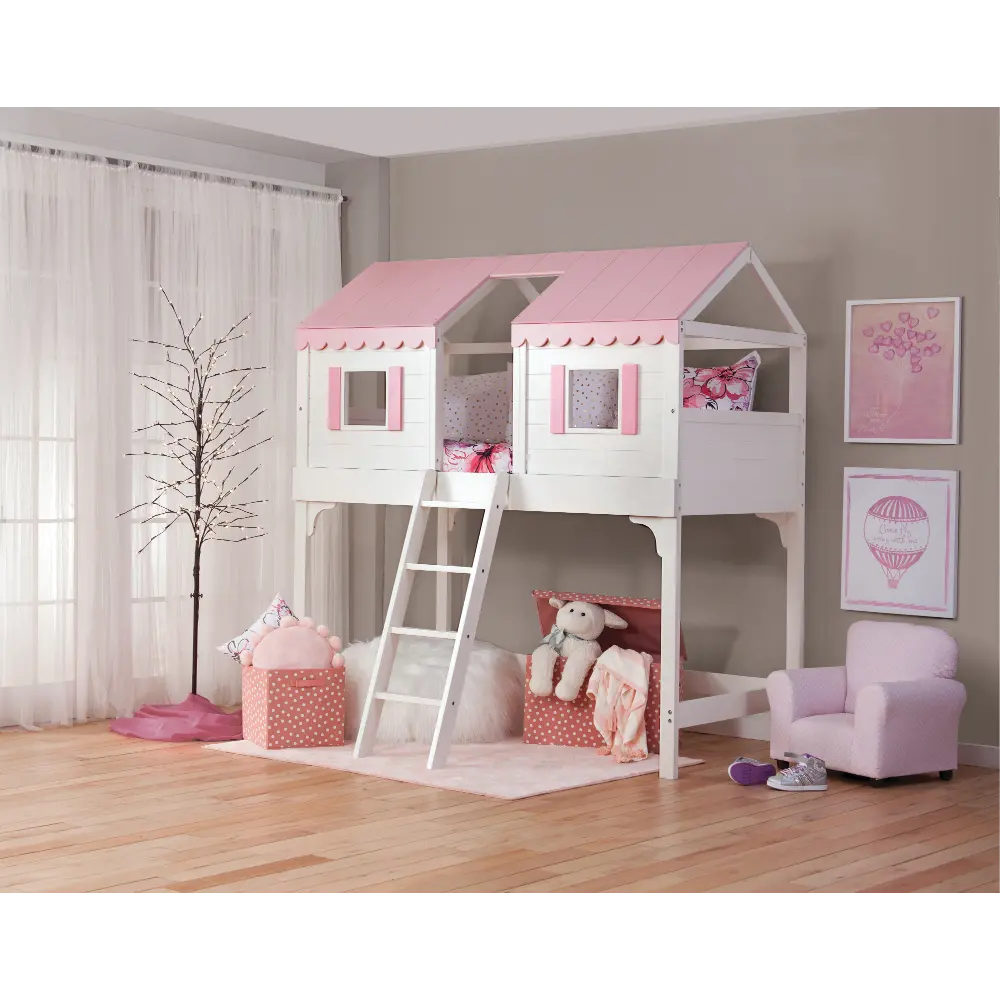 Doll House White and Pink Twin Loft Bed-1