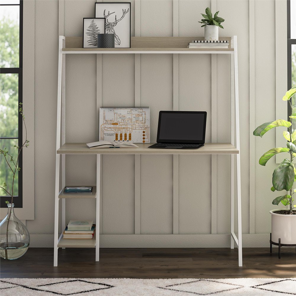 Bushwick Transitional Pale Oak and White Metal Ladder Desk