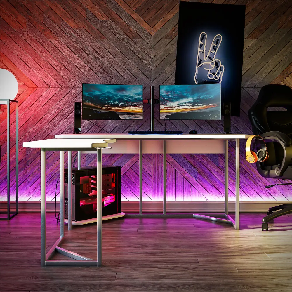 Quest White Gaming L-Desk with CPU Stand-1