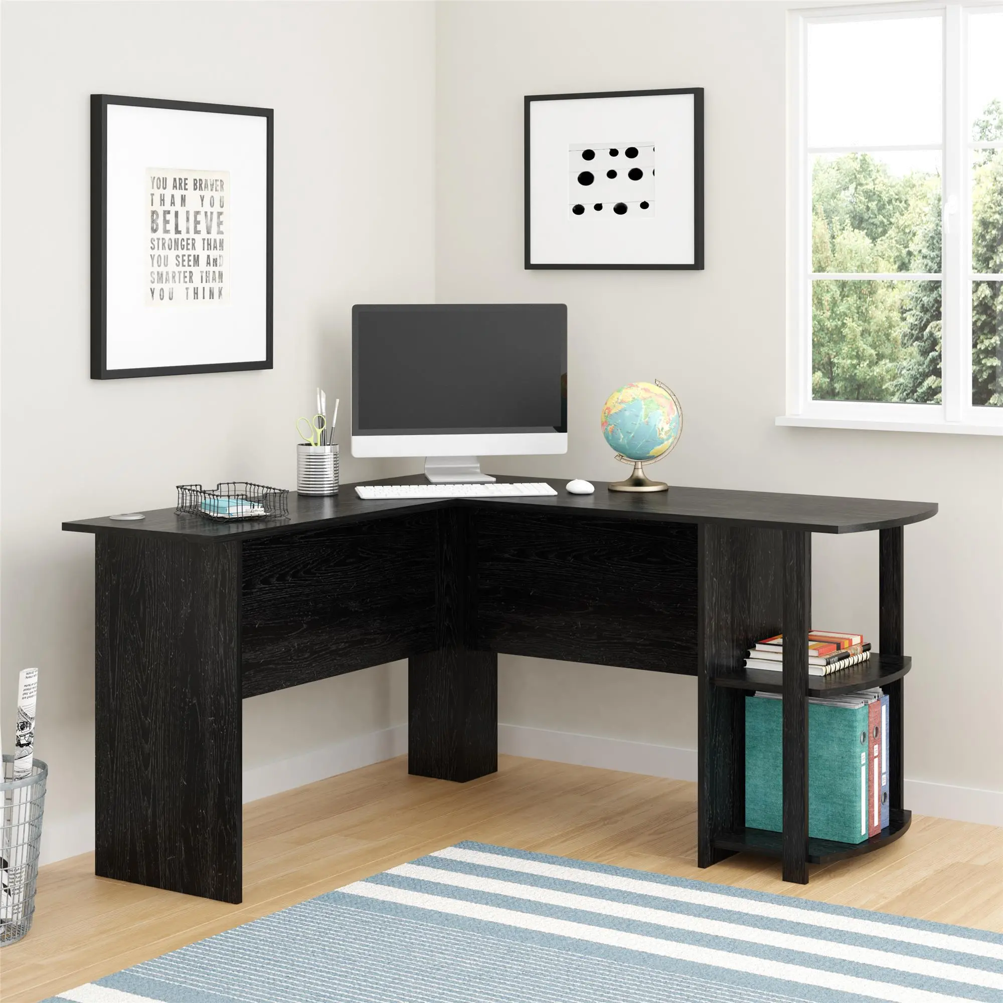 Dakota Traditional Black Oak L-Desk with Bookshelves