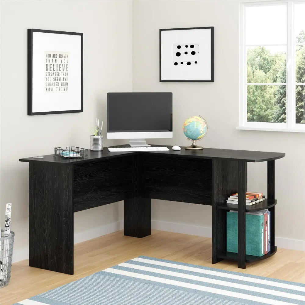 Dakota Traditional Black Oak L-Desk with Bookshelves-1