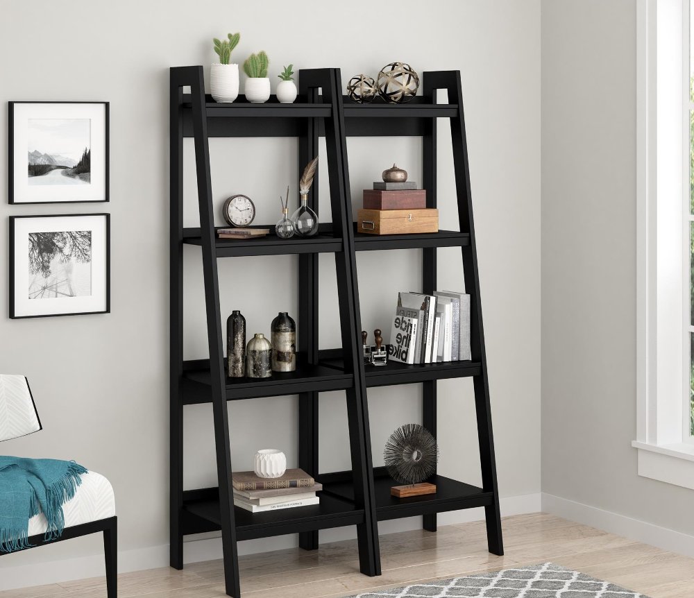 Lawrence Black 4-Shelf Ladder Bookcases, Set of 2