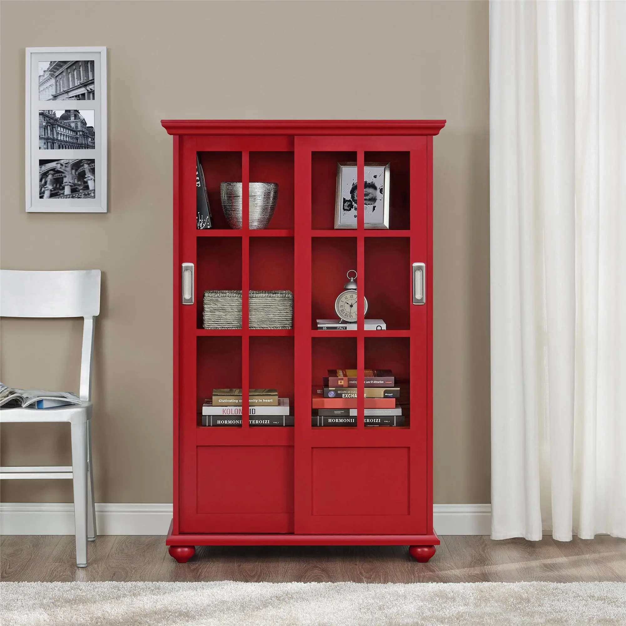 Aaron Lane Red Bookcase with Sliding Glass Doors